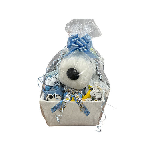 Snoopy Gift Basket With Plush Backpack, Mug, Socks, Hair Brush, Coloring Book & Accessories In Decorative Tote