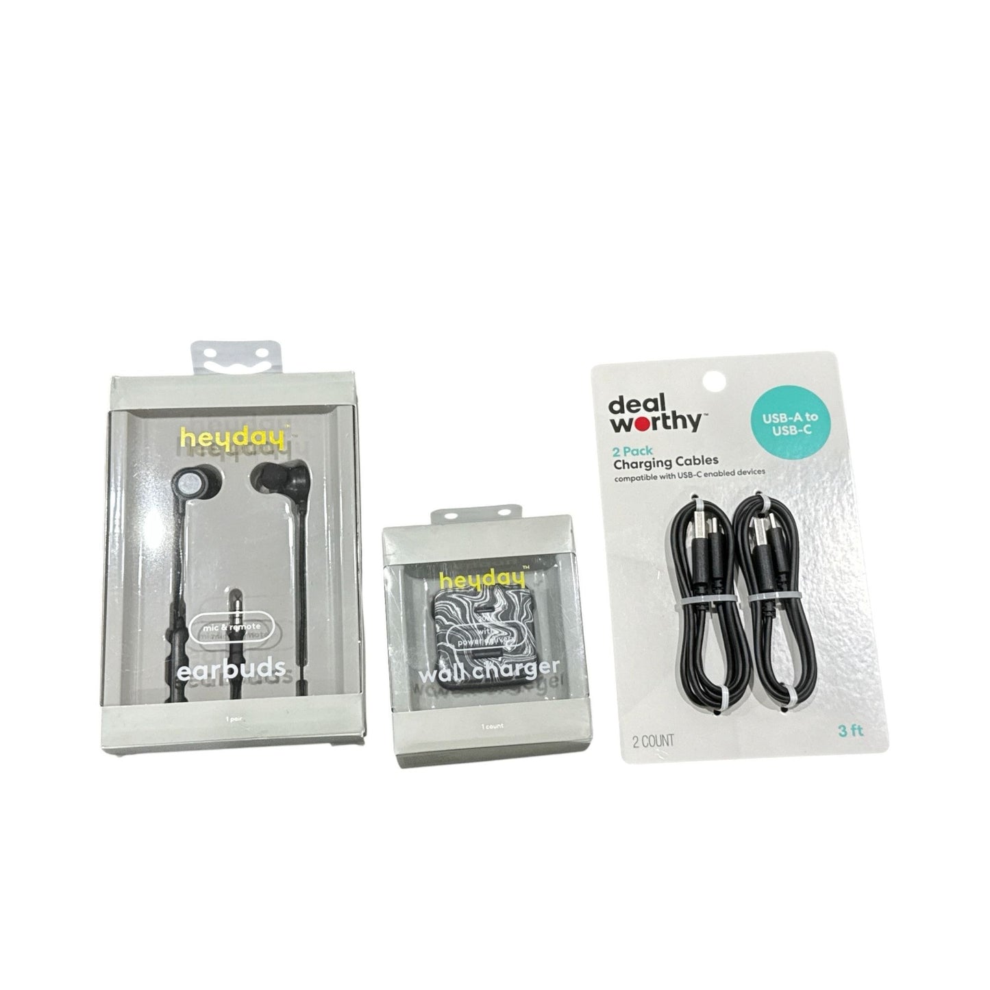 Heyday Earbuds, Wall Charger & Deal Worthy USB-C Cables Bundle Black 3 Items New