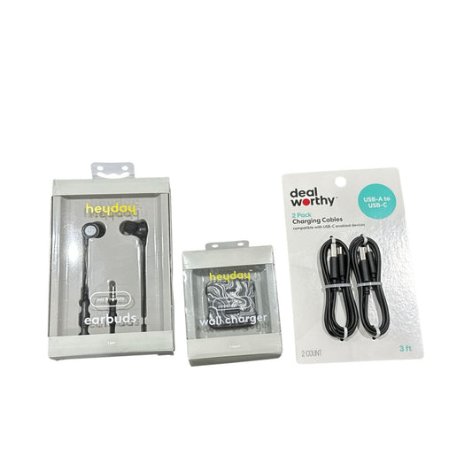 Heyday Earbuds, Wall Charger & Deal Worthy USB-C Cables Bundle Black 3 Items New