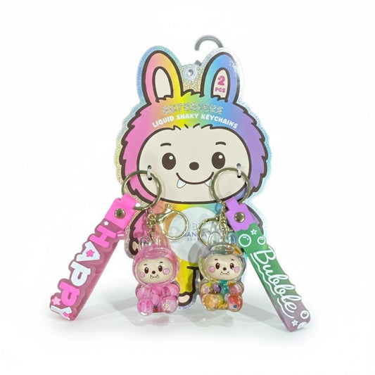 Kawaii Liquid Shaky Keychains 2-Pack With Bubble & Happy Designs For Bags Or Keys