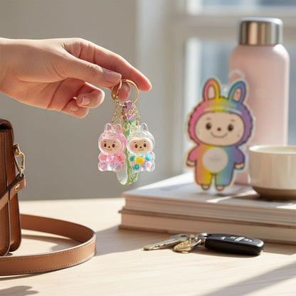 Kawaii Liquid Shaky Keychains 2-Pack With Bubble & Happy Designs For Bags Or Keys
