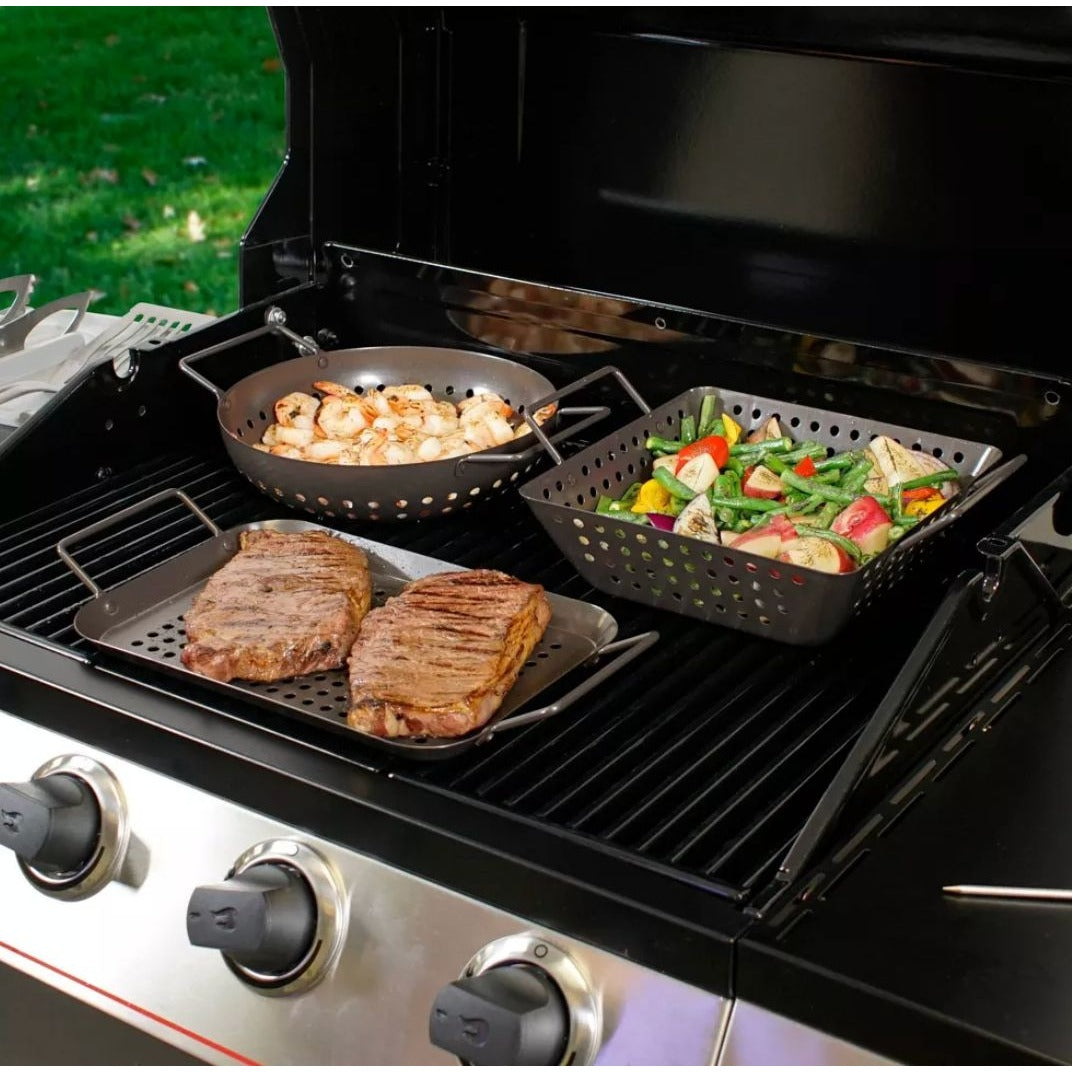 Char-Broil 3-Piece Non-Stick Grill Topper Set With Mini Pans Includes Round, Square & Rectangular Pans For BBQ Veggies & More