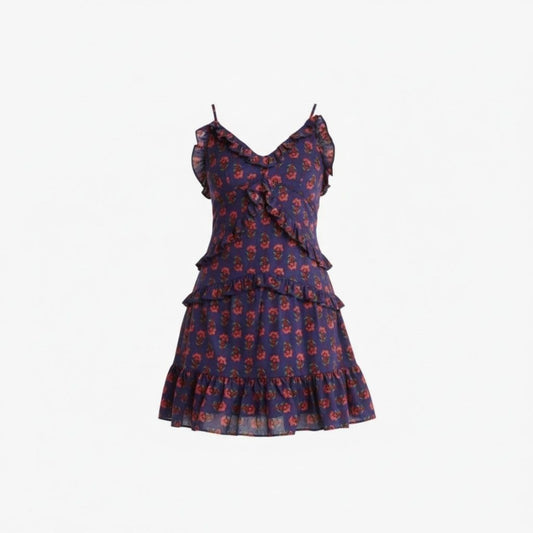 Floral Ruffle Tiered Mini Dress With Adjustable Straps & V-Neckline - Maisie - Navy/Red - Size L - New With Tags