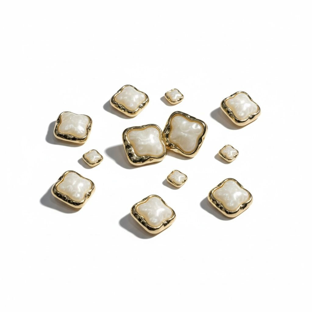 Gold & Pearl Square Buttons 68-Piece Set Retro Style Textured Metal Frame