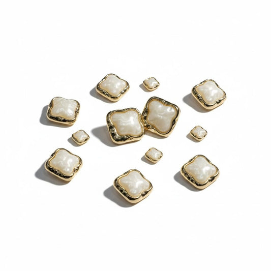 Gold & Pearl Square Buttons 68-Piece Set Retro Style Textured Metal Frame