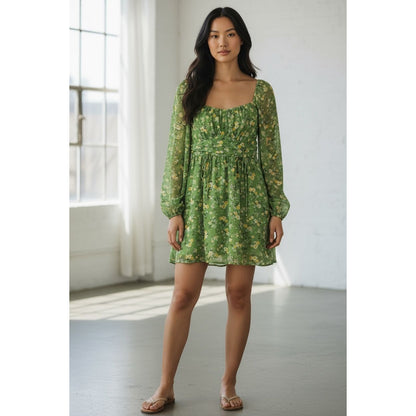 Floral Green Mini Dress With Long Sleeves Tie Waist & Square Neck - Lush Women's Size L