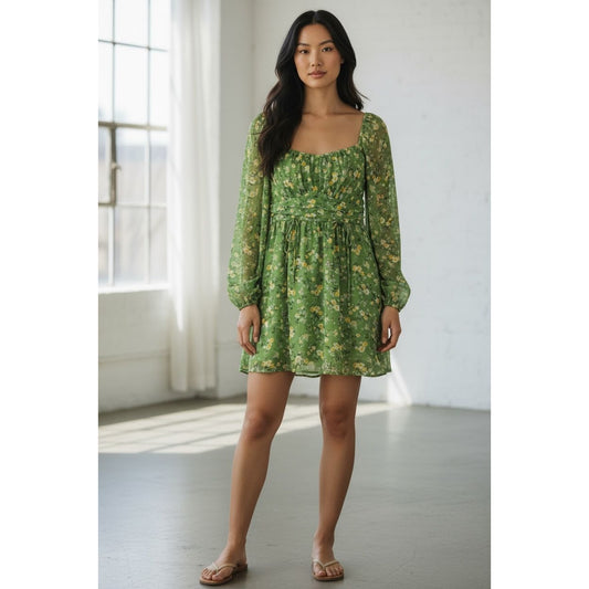 Floral Green Mini Dress With Long Sleeves Tie Waist & Square Neck - Lush Women's Size L