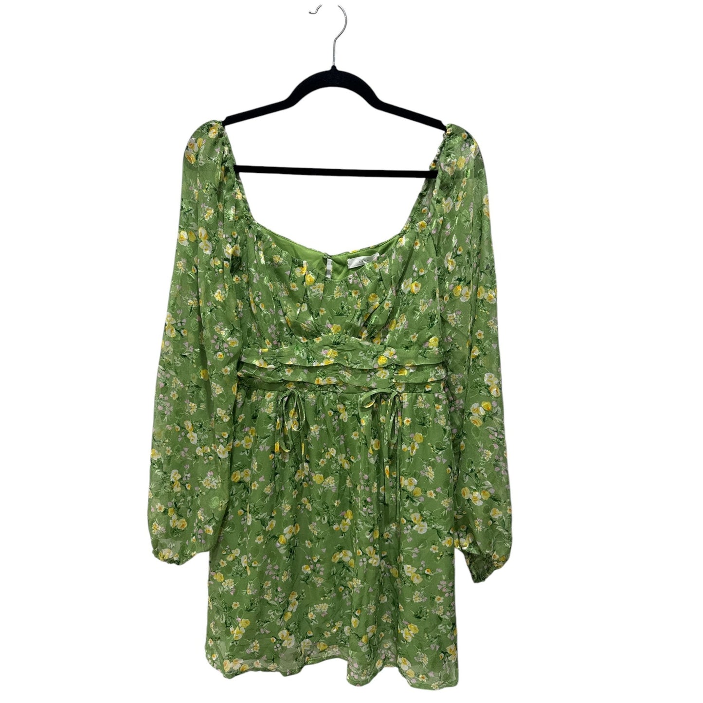 Floral Green Mini Dress With Long Sleeves Tie Waist & Square Neck - Lush Women's Size L