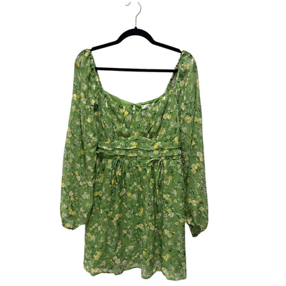 Floral Green Mini Dress With Long Sleeves Tie Waist & Square Neck - Lush Women's Size L