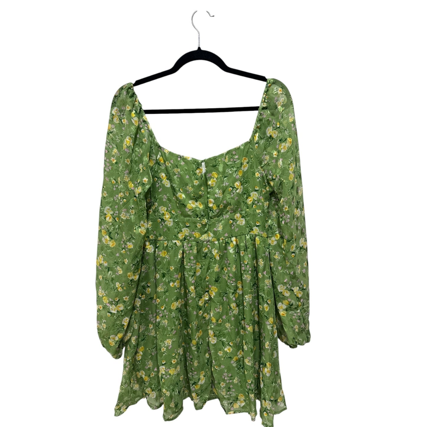 Floral Green Mini Dress With Long Sleeves Tie Waist & Square Neck - Lush Women's Size L