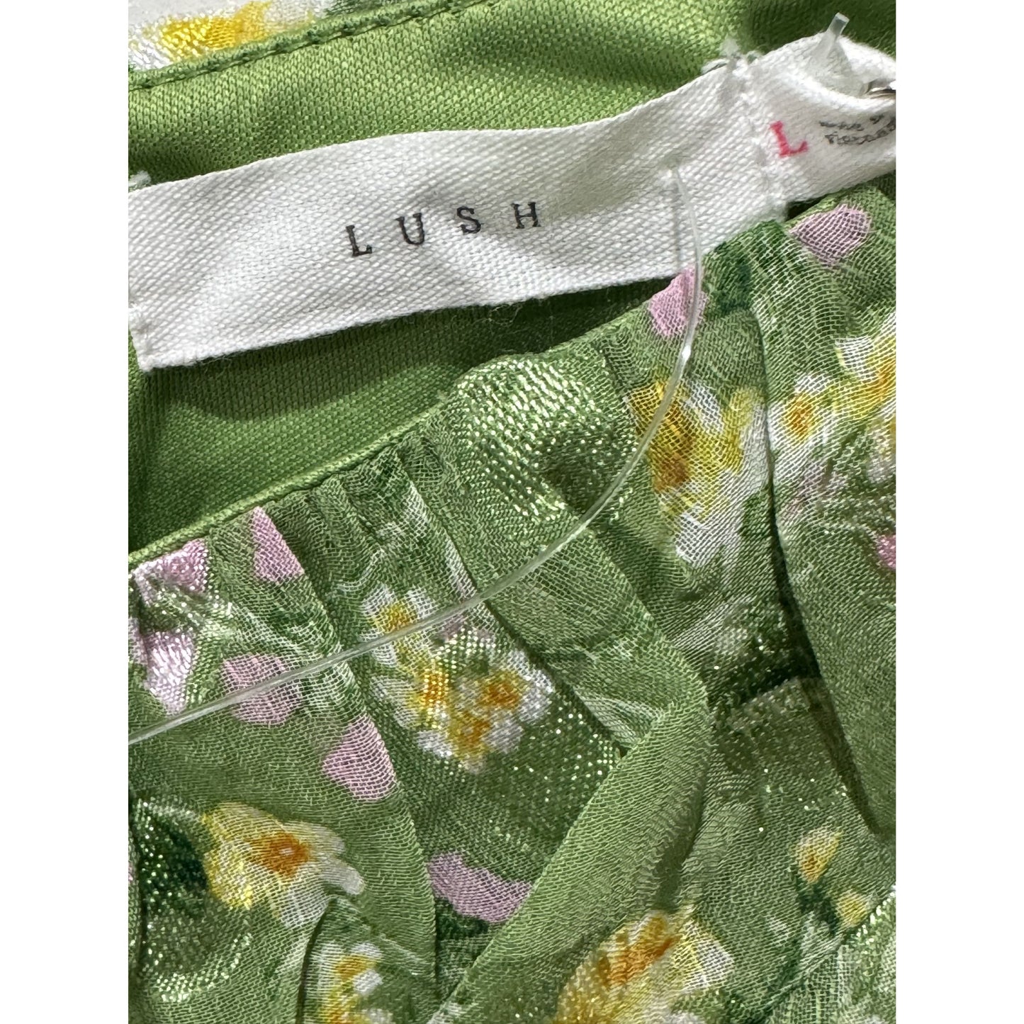 Floral Green Mini Dress With Long Sleeves Tie Waist & Square Neck - Lush Women's Size L