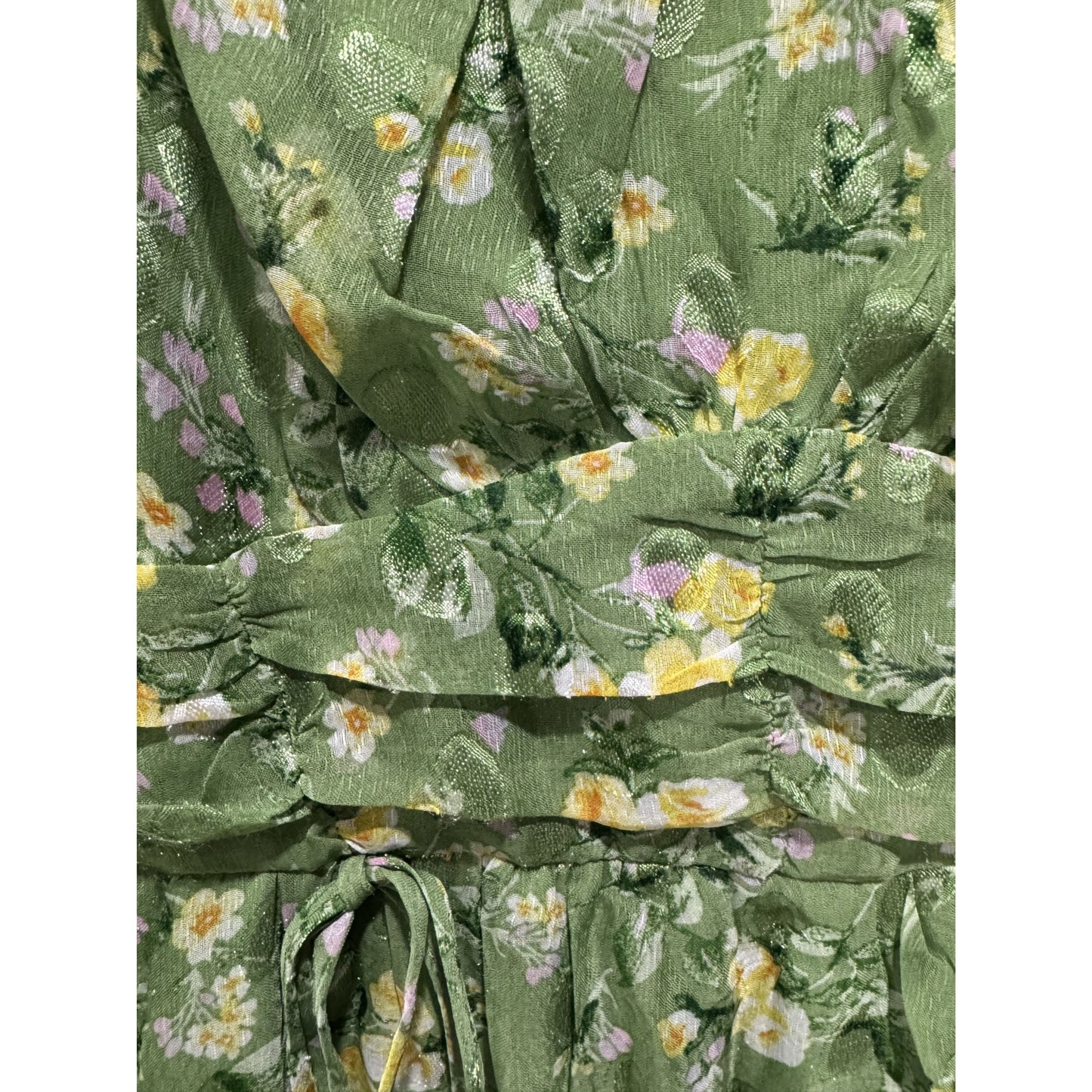 Floral Green Mini Dress With Long Sleeves Tie Waist & Square Neck - Lush Women's Size L