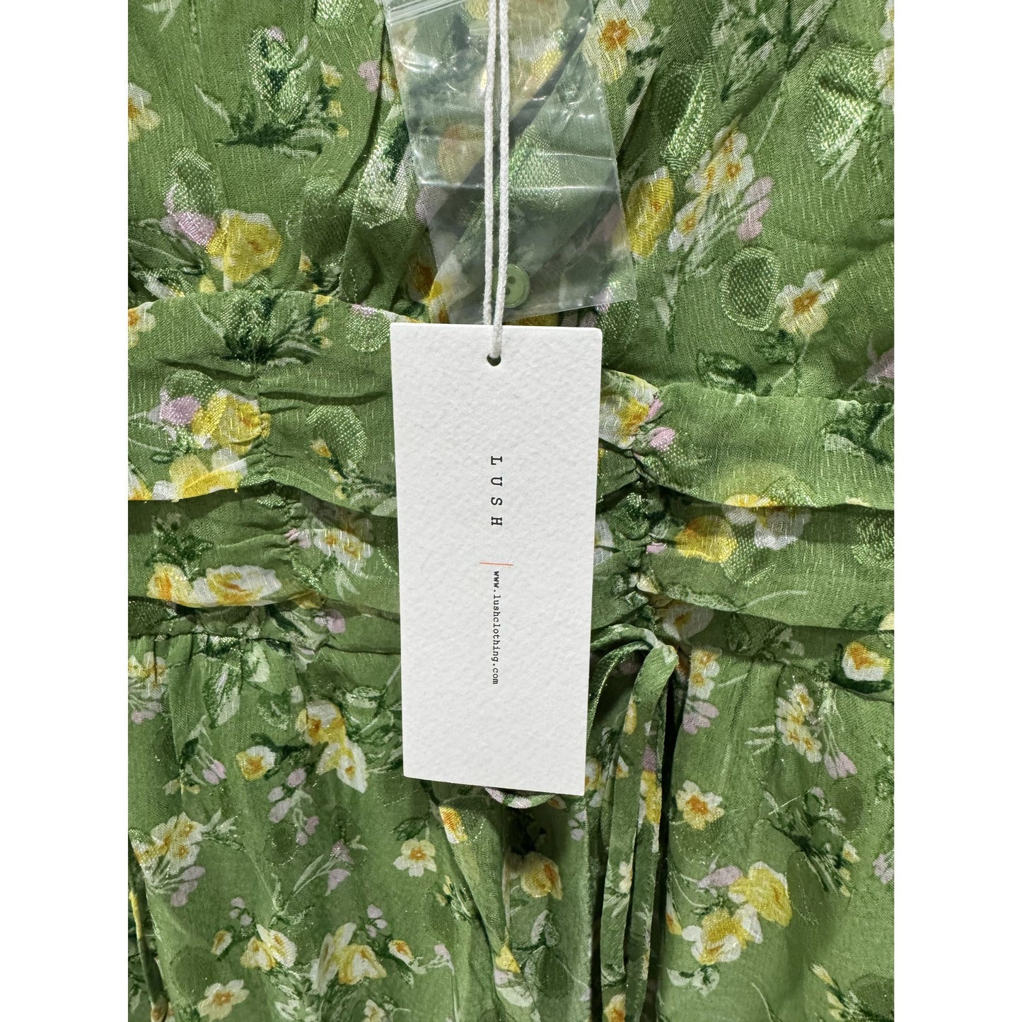 Floral Green Mini Dress With Long Sleeves Tie Waist & Square Neck - Lush Women's Size L