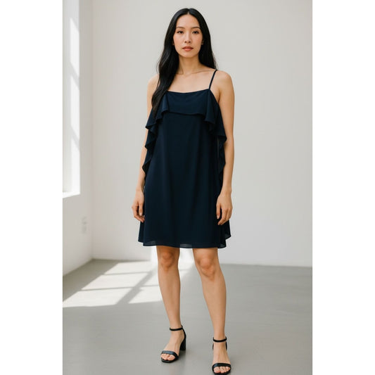 DKNY Women's Navy Ruffle Chiffon Shift Dress Size 8 New With Tags