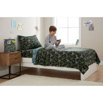 Night Pixel 3-Piece Twin Sheet Set For Kids Game Controller Print Fits Mattresses Up To 14" 100% Polyester Black & Green