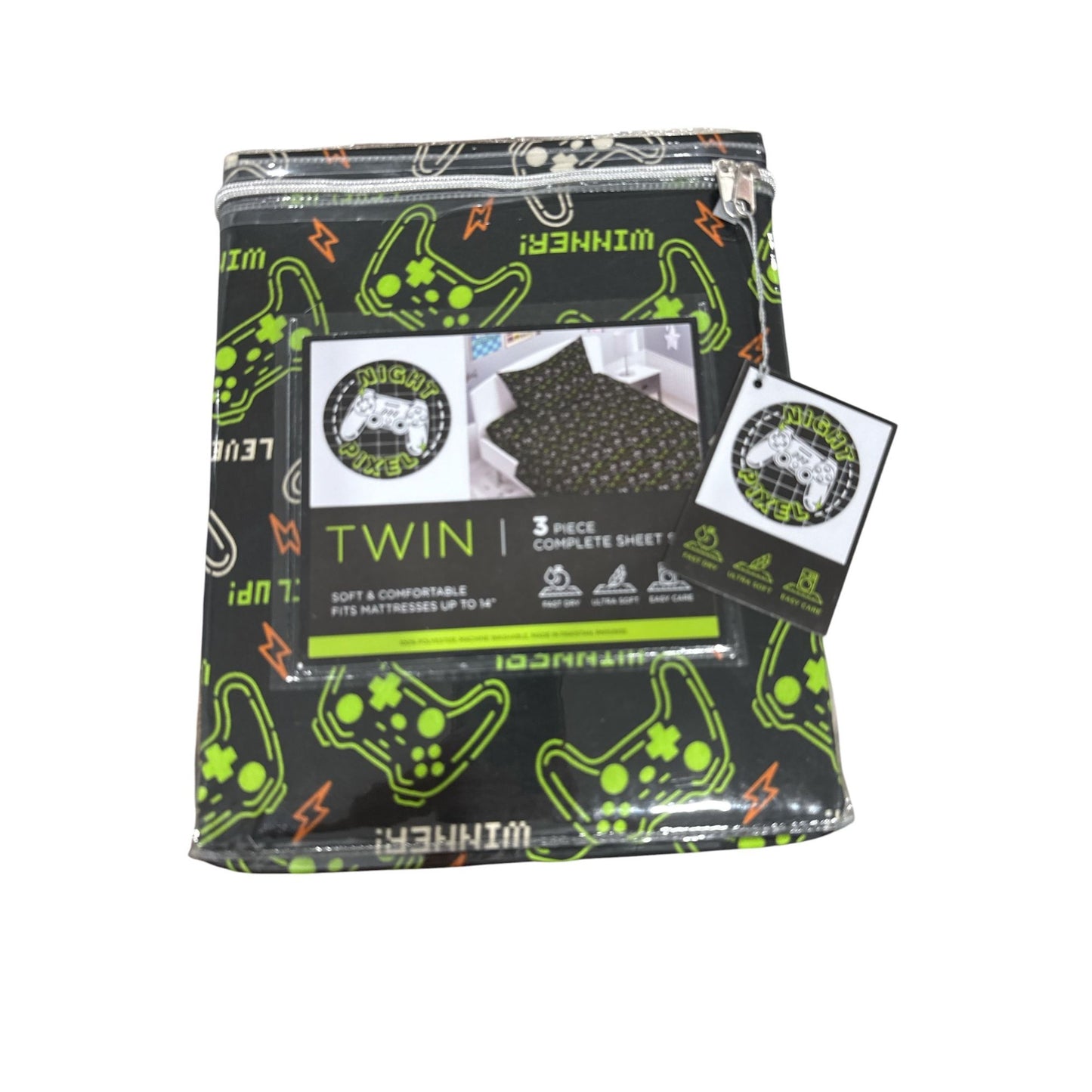 Night Pixel 3-Piece Twin Sheet Set For Kids Game Controller Print Fits Mattresses Up To 14" 100% Polyester Black & Green