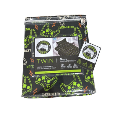 Night Pixel 3-Piece Twin Sheet Set For Kids Game Controller Print Fits Mattresses Up To 14" 100% Polyester Black & Green