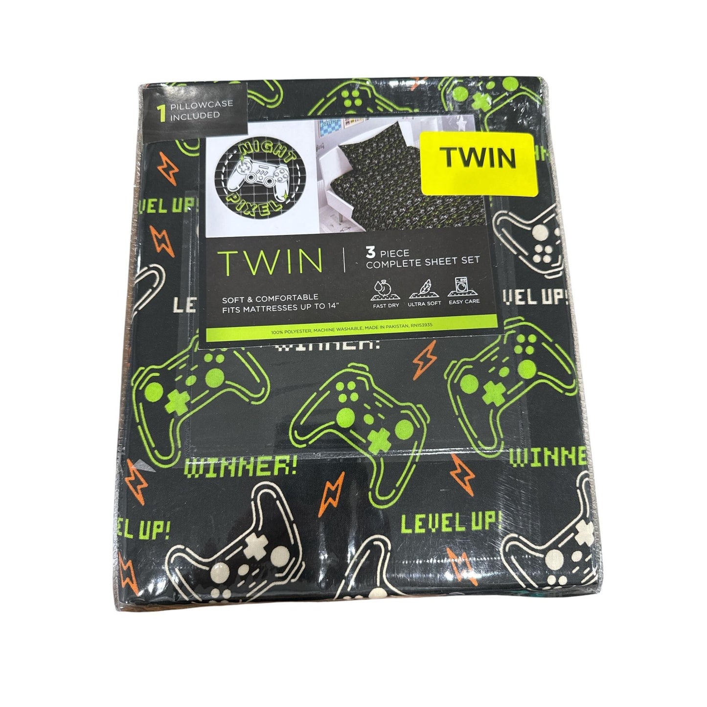 Night Pixel 3-Piece Twin Sheet Set For Kids Game Controller Print Fits Mattresses Up To 14" 100% Polyester Black & Green