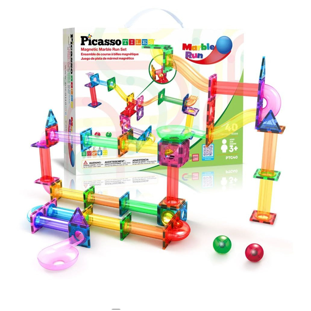 PicassoTiles Magnetic Marble Run Set 40-Piece STEM Toy For Kids Ages 3+ Educational Construction & Creative Play