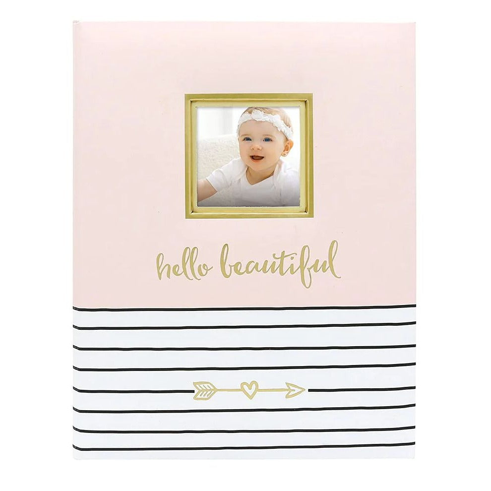 Pearhead Baby Memory Book With Photo Insert & Family Tree Pages Pink & White Striped Design