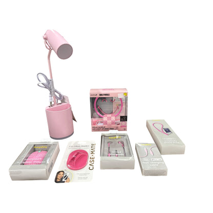 Set of 7 Assorted Pink Tech & Accessories Bundle - Lamp, Mouse, Earbuds, Charging Cable, Phone Strap, Lip Gloss Holder, &  LED Desk Tray