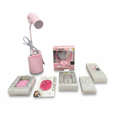 Set of 7 Assorted Pink Tech & Accessories Bundle - Lamp, Mouse, Earbuds, Charging Cable, Phone Strap, Lip Gloss Holder, &  LED Desk Tray