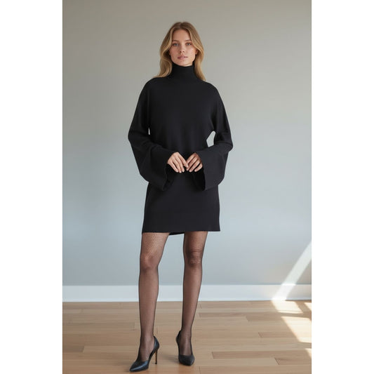 Steve Madden Black Turtleneck Sweater Dress With Long Bell Sleeves Size M