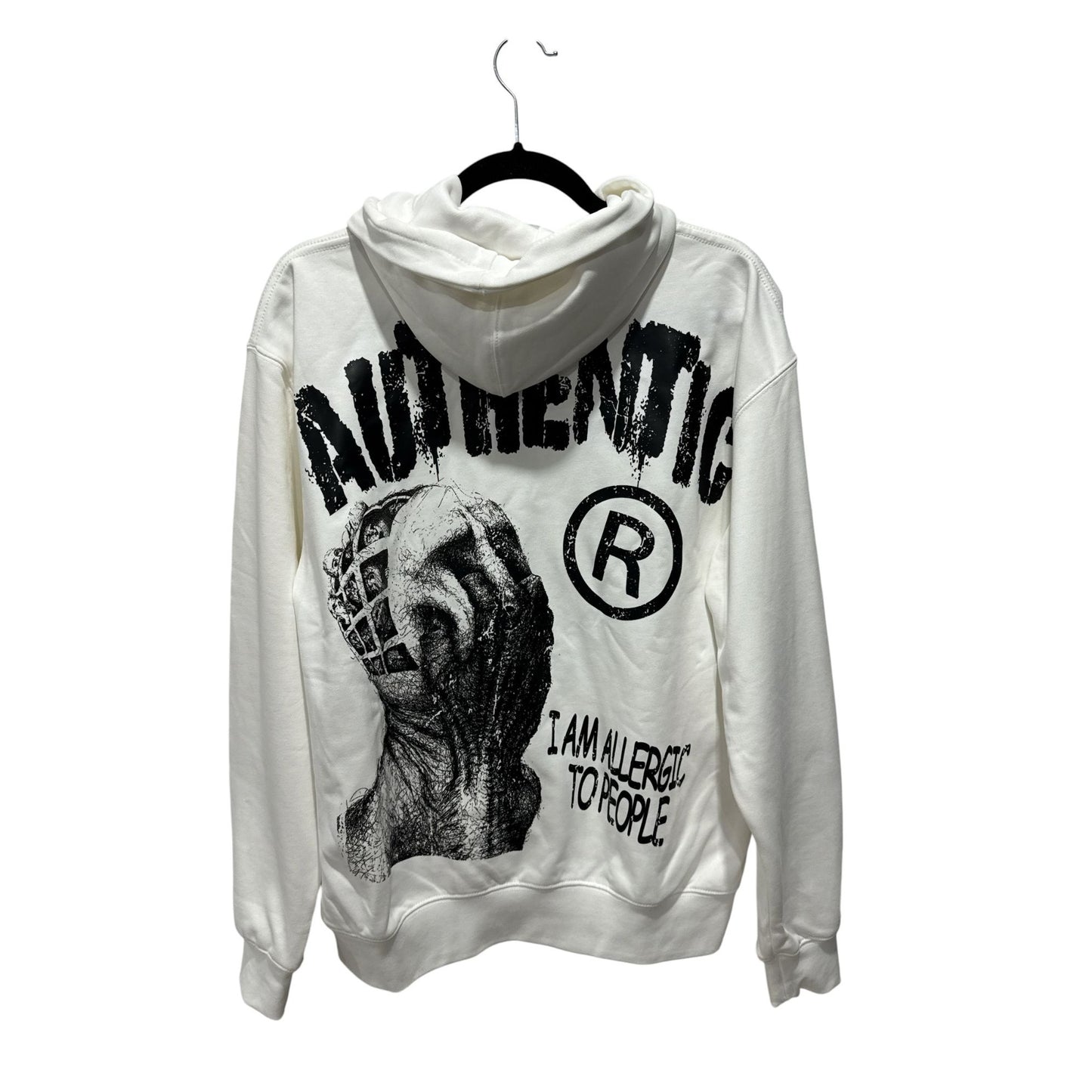 White Graphic Hoodie With "Authentic" & "I Am Allergic To People" Text Kangaroo Pocket Small Size
