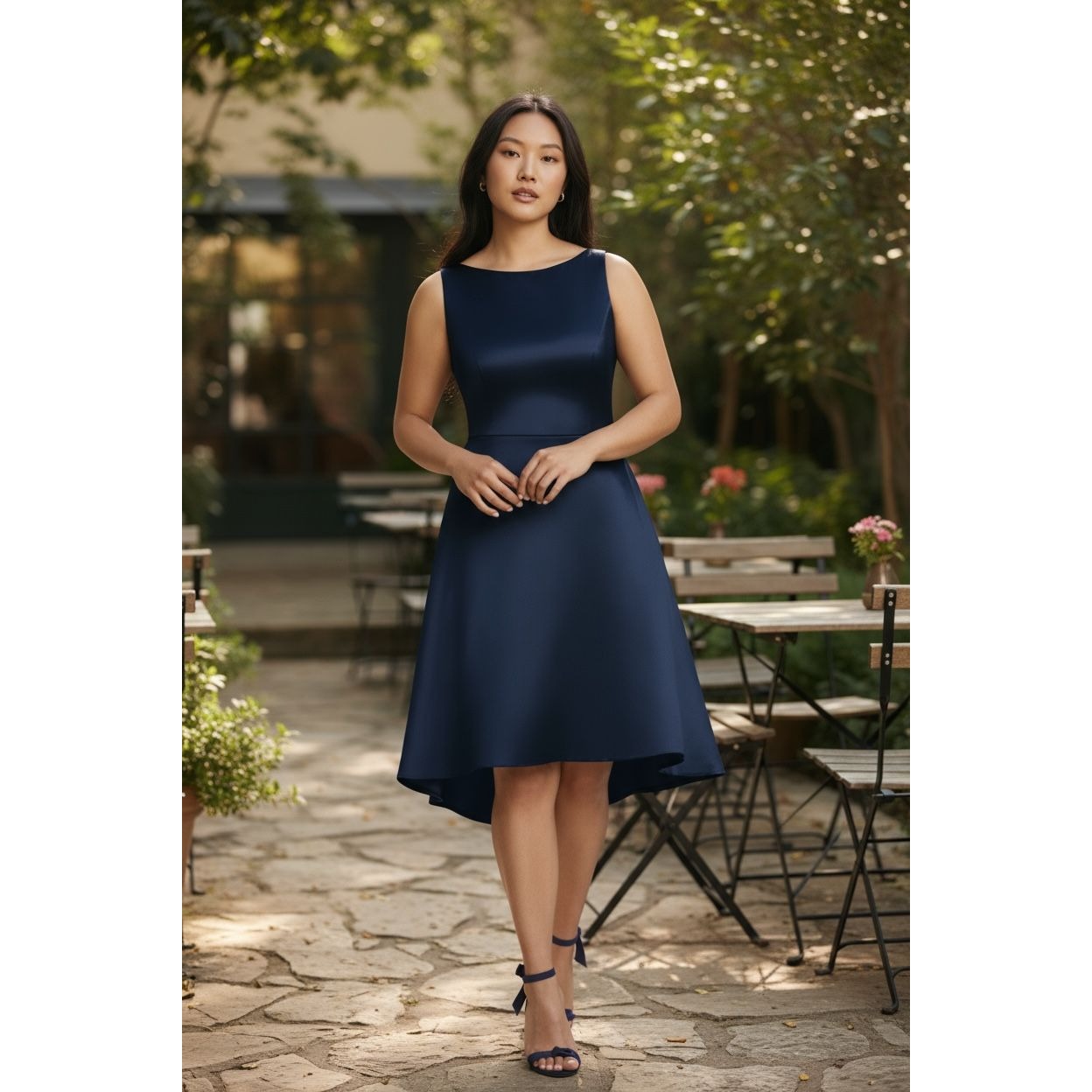 Alfred Sung Midnight Blue High-Low Sleeveless Dress Size 10R Formal Evening Gown Polyester Shell & Lining Made In Thailand