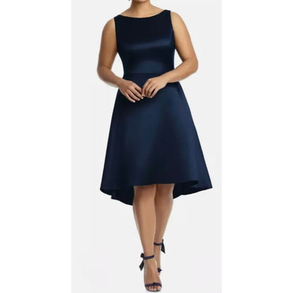 Alfred Sung Midnight Blue High-Low Sleeveless Dress Size 10R Formal Evening Gown Polyester Shell & Lining Made In Thailand