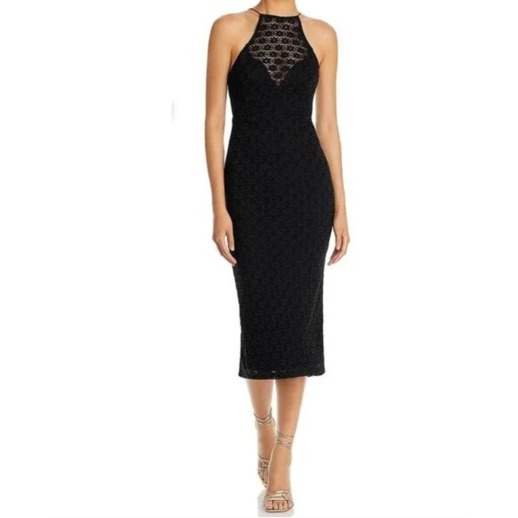 Bardot Lace Halter Neck Midi Dress Black Sleeveless Sheath Evening Cocktail Women's XS