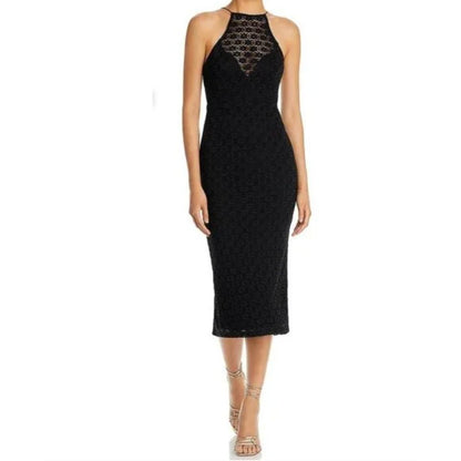 Bardot Lace Halter Neck Midi Dress Black Sleeveless Sheath Evening Cocktail Women's XS