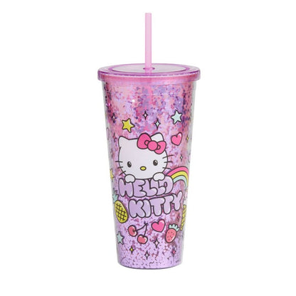 Hello Kitty Glitter Tumbler With Straw 32oz BPA-Free Pink Hearts & Stars Pattern