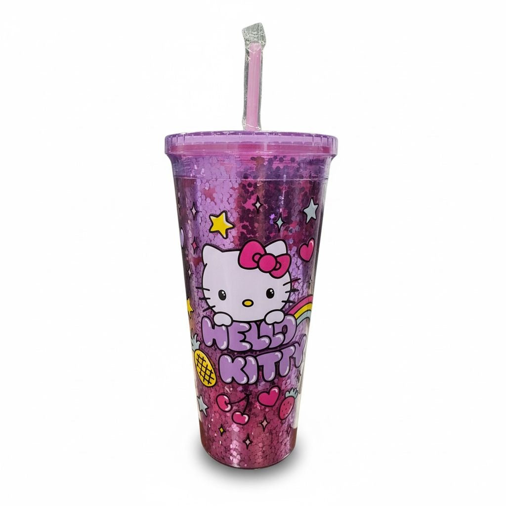 Hello Kitty Glitter Tumbler With Straw 32oz BPA-Free Pink Hearts & Stars Pattern