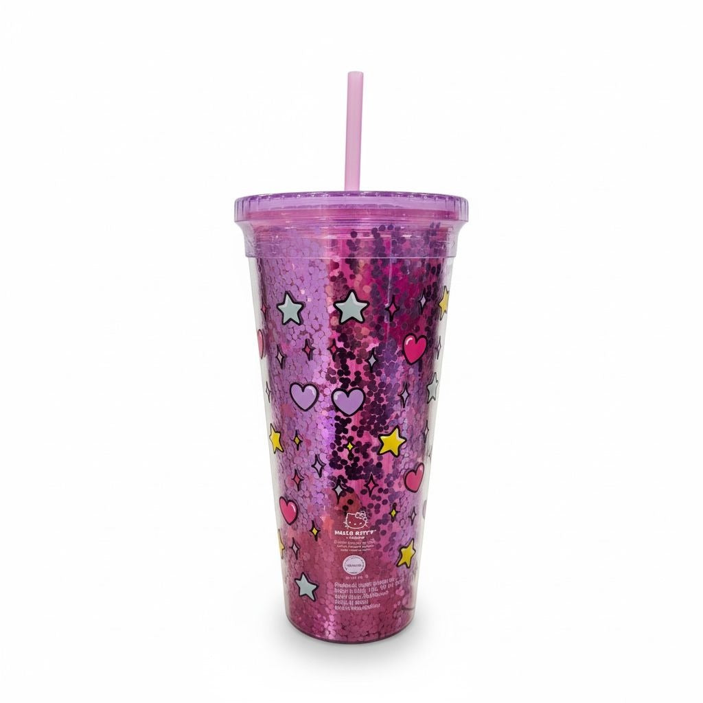 Hello Kitty Glitter Tumbler With Straw 32oz BPA-Free Pink Hearts & Stars Pattern