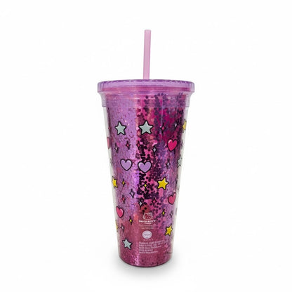 Hello Kitty Glitter Tumbler With Straw 32oz BPA-Free Pink Hearts & Stars Pattern