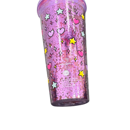 Hello Kitty Glitter Tumbler With Straw 32oz BPA-Free Pink Hearts & Stars Pattern