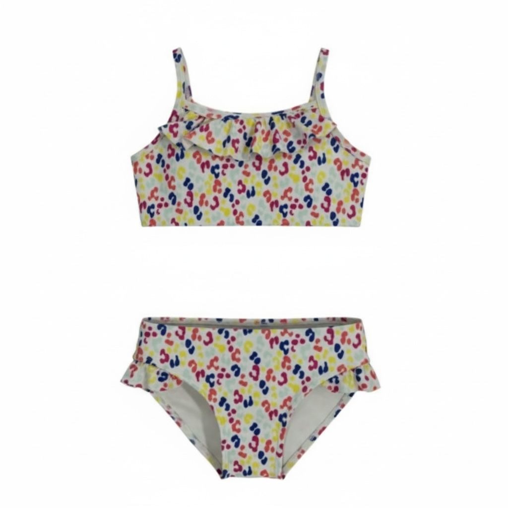 Harper Canyon Girls 2-Piece UPF 50+ Swimsuit With Ruffle Detail Size 5 Multicolor Leopard Print