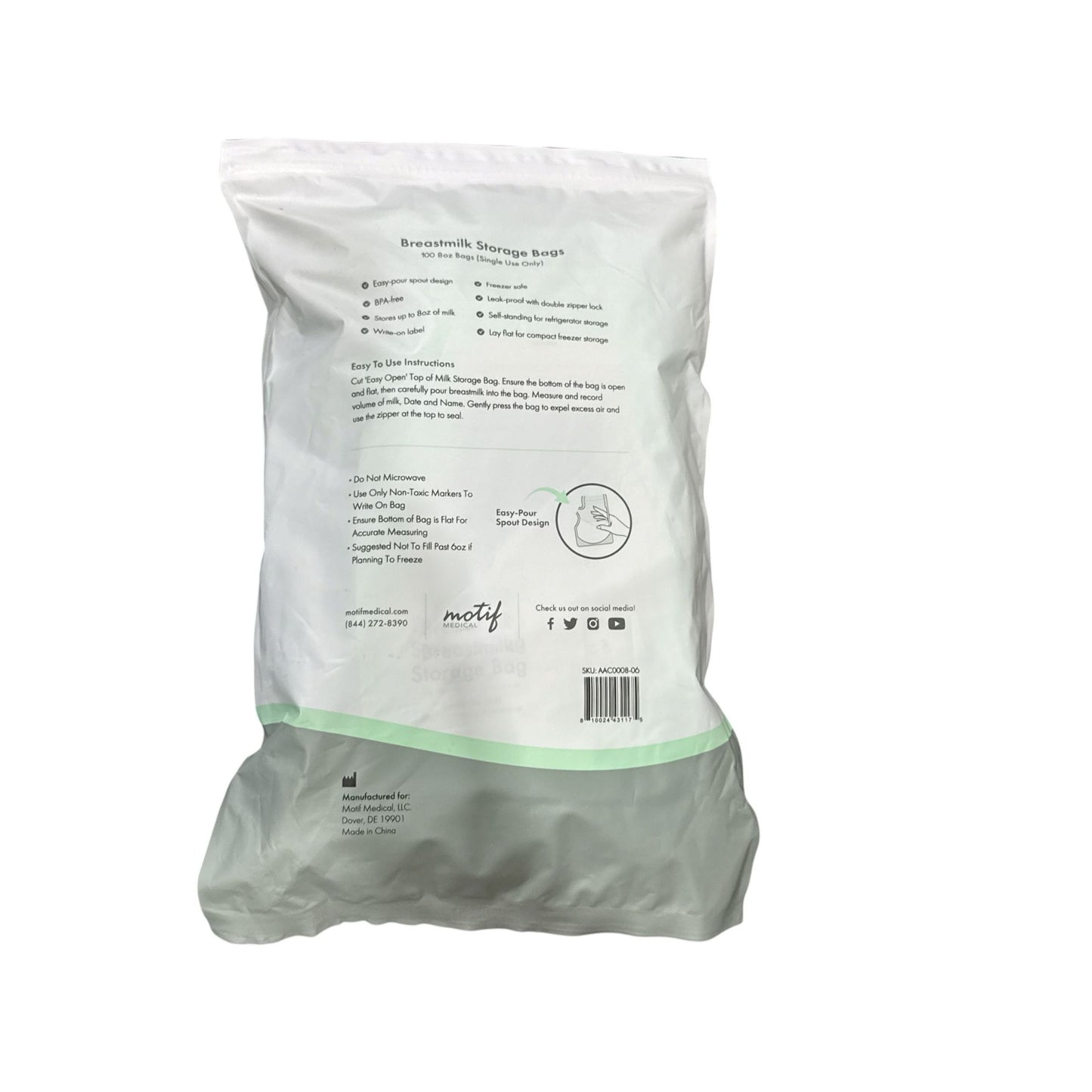 Motif Medical Breastmilk Storage Bags BPA-Free Leak-Proof Design 100 Count For Freezer & Refrigerator Use