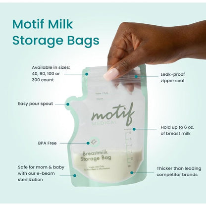 Motif Medical Breastmilk Storage Bags BPA-Free Leak-Proof Design 100 Count For Freezer & Refrigerator Use