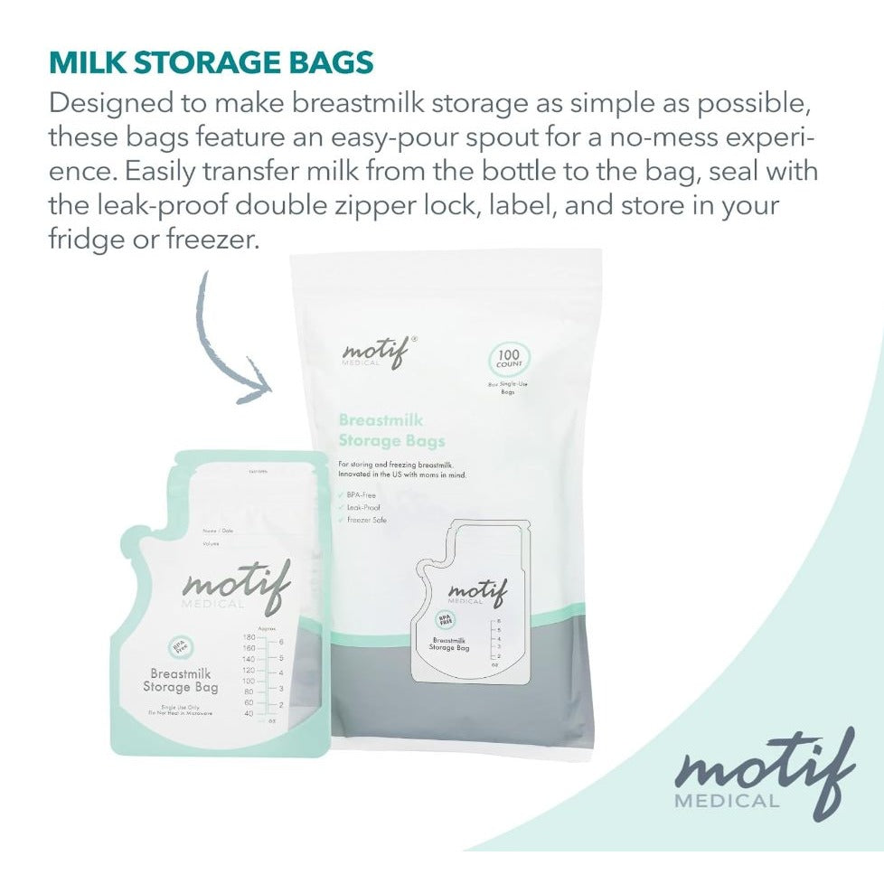 Motif Medical Breastmilk Storage Bags BPA-Free Leak-Proof Design 100 Count For Freezer & Refrigerator Use