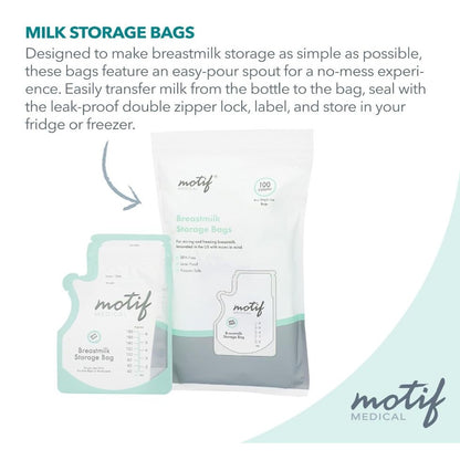 Motif Medical Breastmilk Storage Bags BPA-Free Leak-Proof Design 100 Count For Freezer & Refrigerator Use