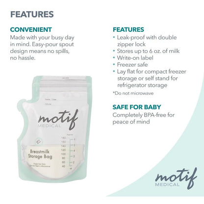 Motif Medical Breastmilk Storage Bags BPA-Free Leak-Proof Design 100 Count For Freezer & Refrigerator Use