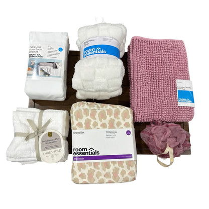 Set of 6 Home Essentials Bundle Twin XL Sheet Set, White Body Pillow Cover,  Pink Bath Rug, Washcloth, Bedskirt, & Bath Sponge