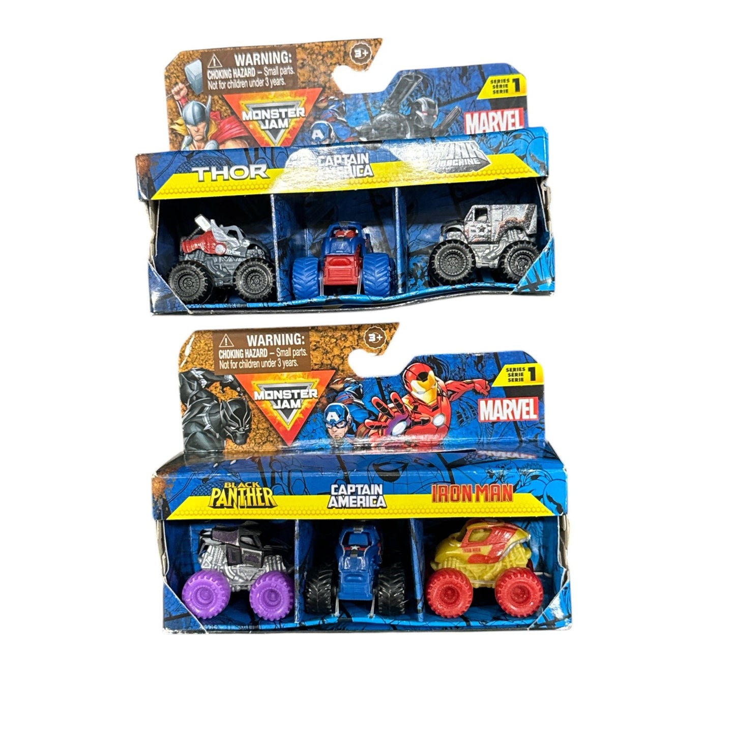 Monster Jam Marvel Mini Monster Trucks 2-Pack Series 1 Featuring Black Panther, Thor, Iron Man & Captain America & War Machine