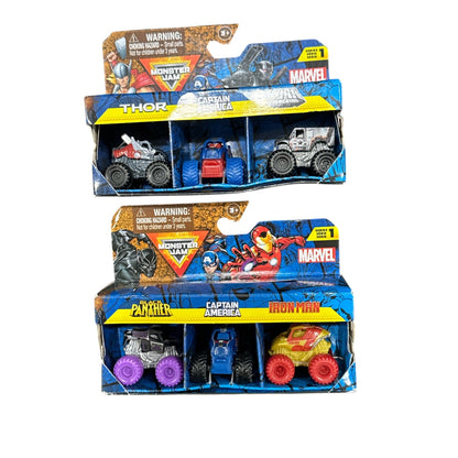 Monster Jam Marvel Mini Monster Trucks 2-Pack Series 1 Featuring Black Panther, Thor, Iron Man & Captain America & War Machine
