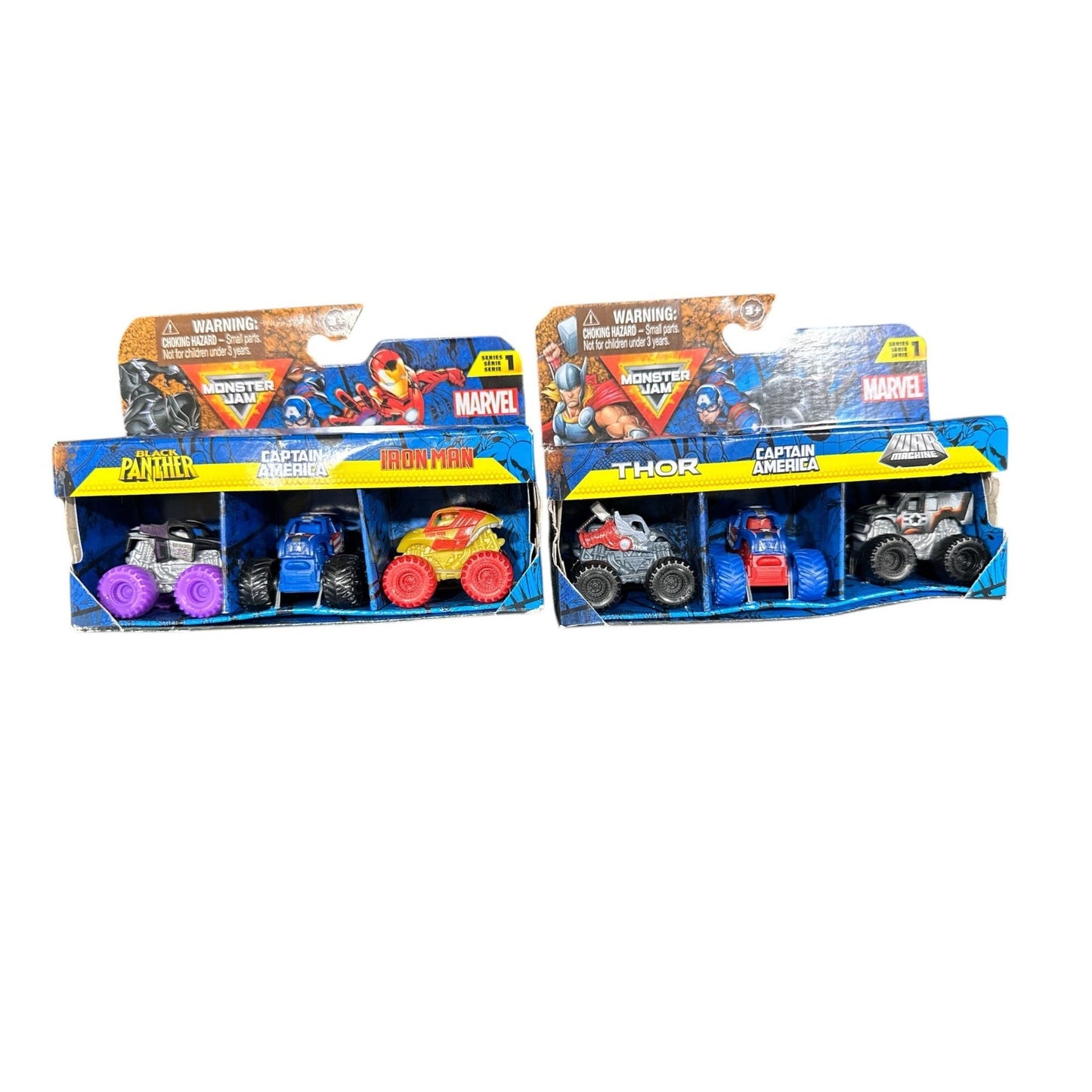 Monster Jam Marvel Mini Monster Trucks 2-Pack Series 1 Featuring Black Panther, Thor, Iron Man & Captain America & War Machine