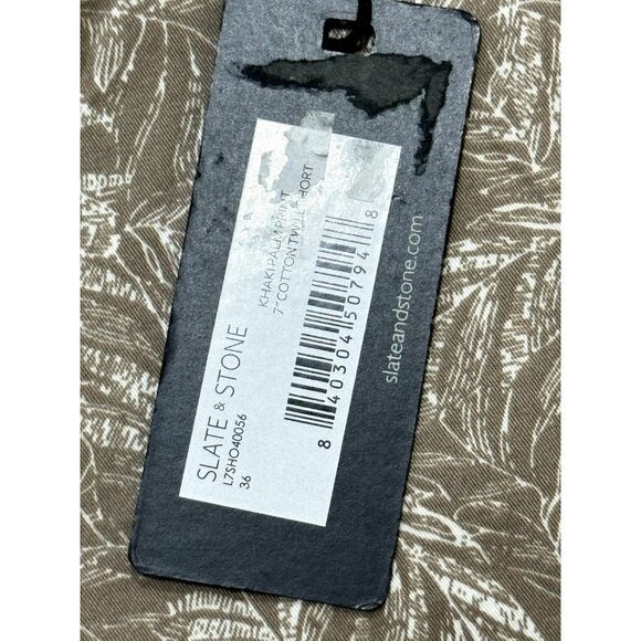 SLATE & STONE Men's Khaki Palm Print 7" Cotton Twill Short 36