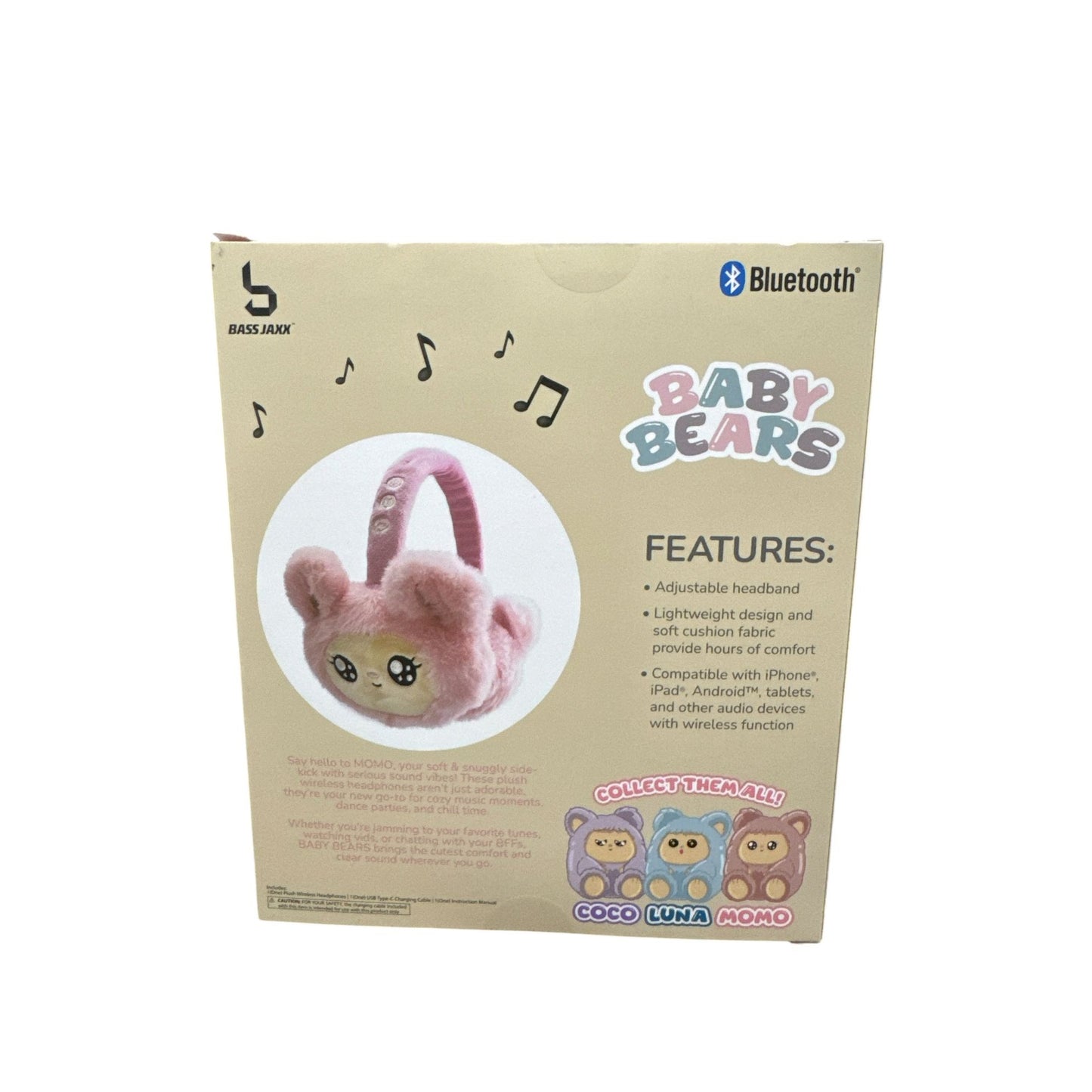 Baby Bears Plush Wireless Bluetooth Headphones With Adjustable Headband Soft Cushion Pink Compatible With iPhone, iPad & Android Devices