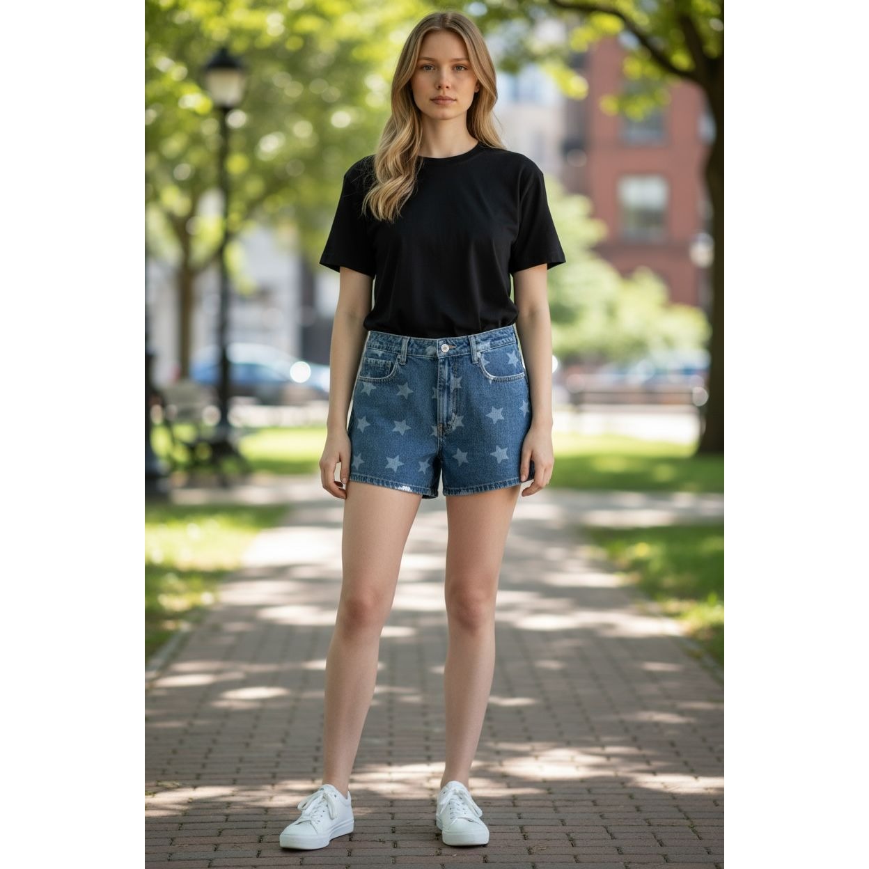 Vigoss Star Print Denim Shorts Size 31 Blue High-Rise Casual Women's Summer Style